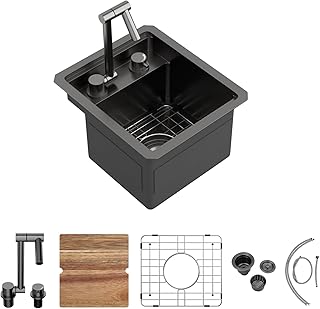 Black Nano Handmade Single Sink Kitchen with Faucet Modern Stainless Steel Waterfall Kitchen Sinks