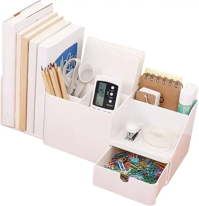 Desk Organizer with Drawer Large Capacity Bookends Stationery Holder Makeup Storage Plastic Caddy for Office School Home Office