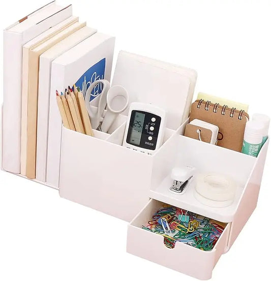 Desk Organizer with Drawer Large Capacity Bookends Stationery Holder Makeup Storage Plastic Caddy for Office School Home Office
