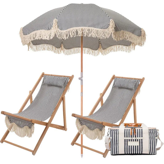 Custom Summer Club Surfing Picnic Essentials Vintage Wood Pole Canvas Beach Outdoor Umbrella with Tassels, Chairs, Cooler Bags
