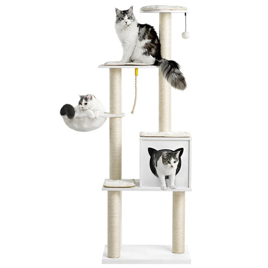 Modern 65" Tall Wood Cat Tree Tower Indoor Bed for Small & Large Cats with Removable Pads & Beige Hammock Scratching Post