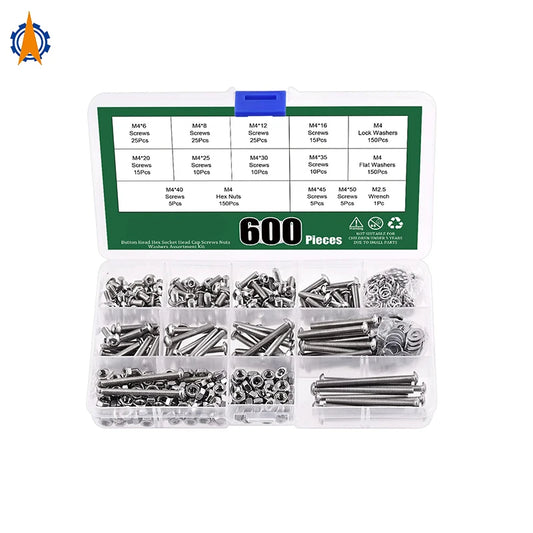 M4 600PCS 304 Stainless Steel Standard Metric Threaded Hexagon Bolts Screws Nuts Washers Fastener Hardware Screws Assortment Kit