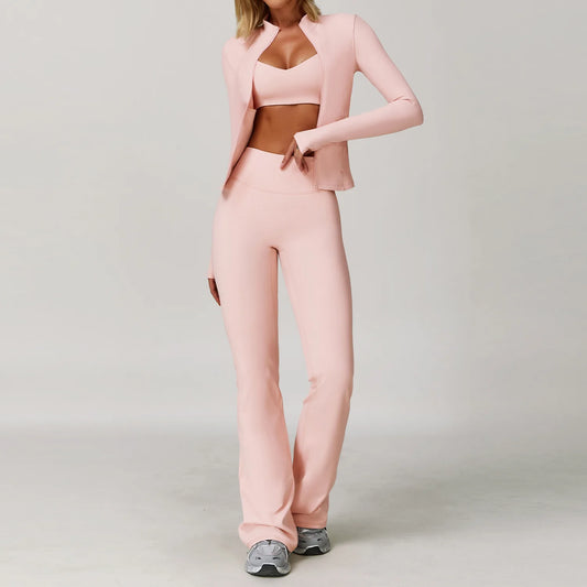 Women Workout Yoga Wear Set Breathable Gym Clothing 3 Pcs Yoga Jackets Workout Flare Leggings and Sports Bras Top Sportswear Set