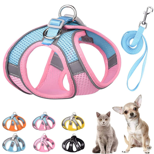 Step in Summer Escape Proof Soft Mesh Adjustable Reflective Strips Jacket Cat Dog Pet Vest Harness and Chest Strap Leash Set