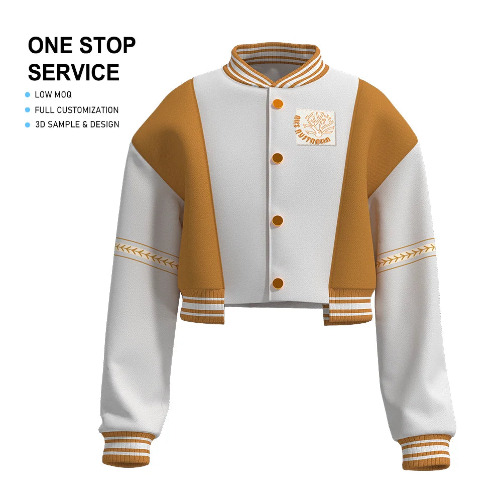 Customised Women's Polyester Cropped Varsity Jacket Fashionable Loose Casual Letterman Jacket Solid Crop Top Baseball Coat