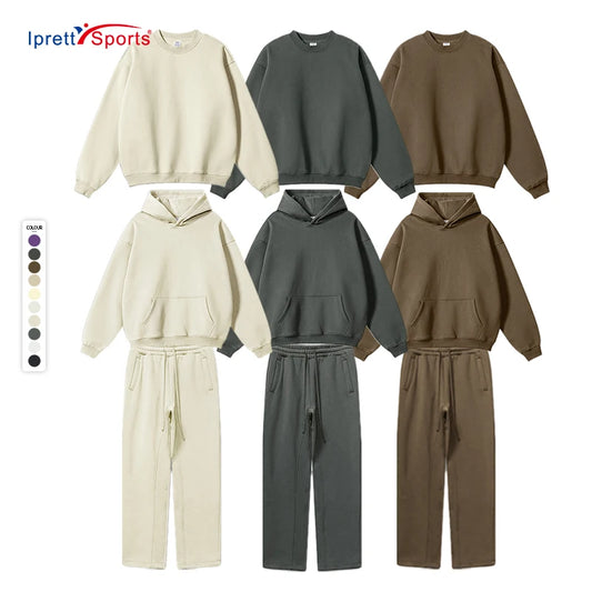 Custom Heavy Cotton Men Women Casual Street Wear Crew Neck Oversize Baggy Sweatshirt And Sweatpants And Hoodie Set Unisex