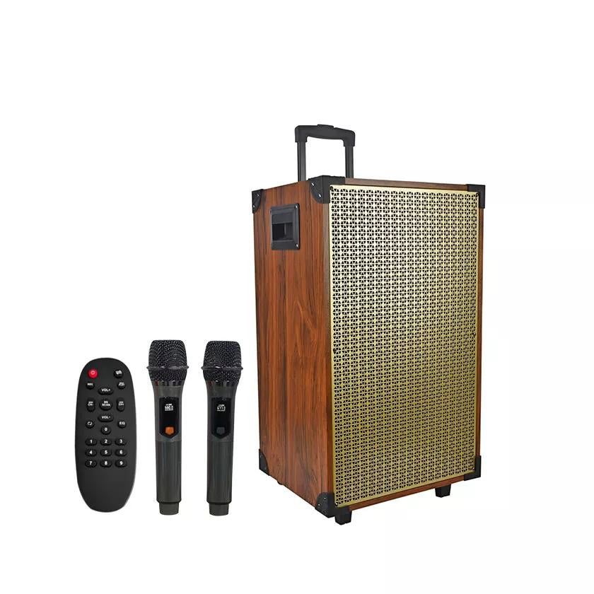 New Wooden Made Speaker with 2 Mics High Quality 12 Inch Woofer Karaoke Trolley Speaker Bluetooth Wireless Outdoor Speaker